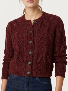 Sézane Kid Mohair Cable Knit Cardigan Sweater Burgundy XS
